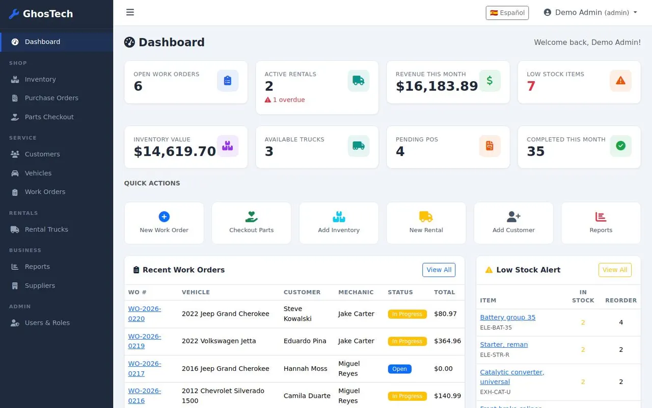 Mechanic shop dashboard